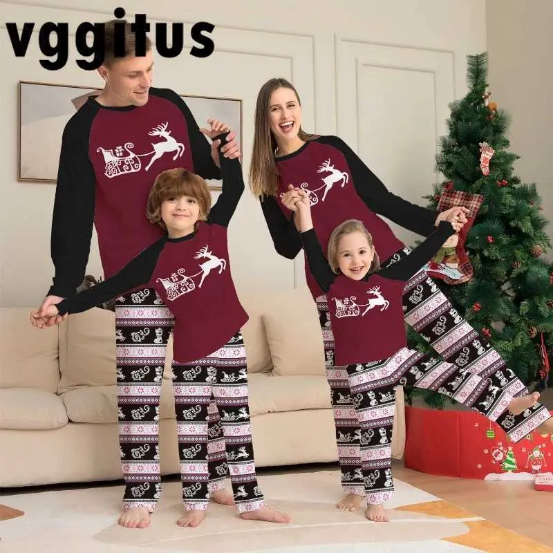Christmas Family Matching Pajama Set - Red Striped Deer Print Long ...