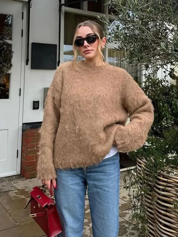 Womens Soft Mohair Pullover Sweater - Casual Vintage Knitted Top