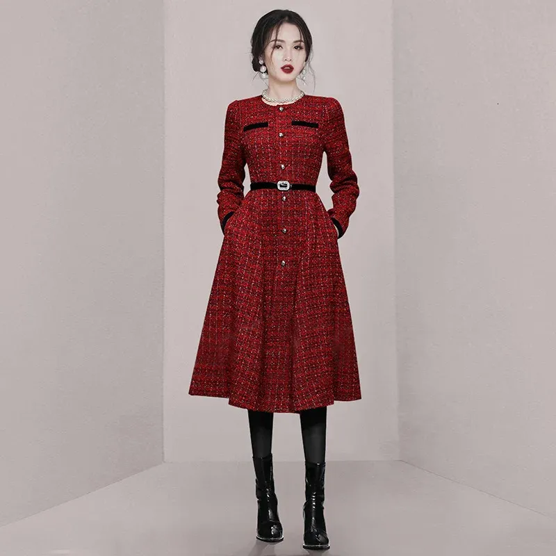 European Beaded O-Neck Midi Dress for Women - Small baccarat perfume price, Long Sleeve, Tweed, Slim Fit - Autumn Collection (Style 241023)