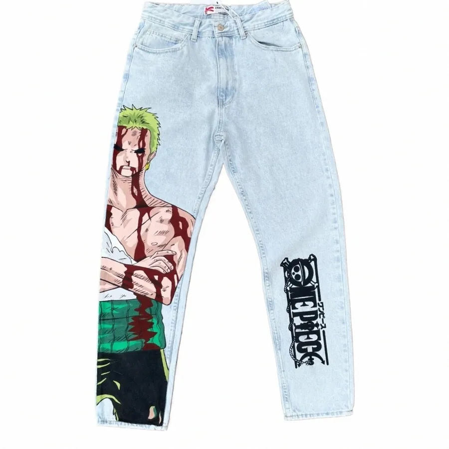 コミック・アニメ ONE PIECE keep on your jeans spirits Anime Zoro Print Wide Leg Denim Jeans High Waist Button Fly Casual