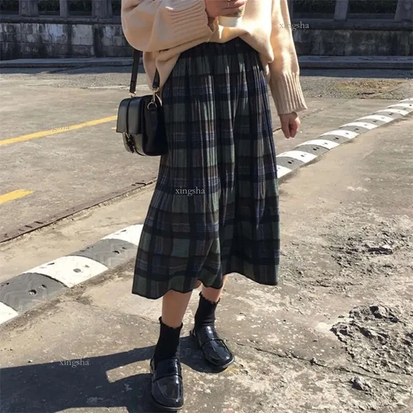 Vintage Plaid Pleated Long Skirt Women Winter Punk Rock Korean