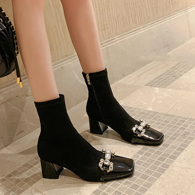 Crystal Luxury High Heels Snow Ankle Boots Womens Shoes Suede Square ...