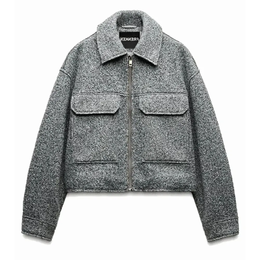 Womens Tweed Jacket - Retro Lapel, Long Sleeve, Zipper