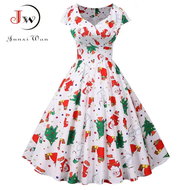 Vintage White Print Christmas Christmas Party Dress for Women - Elegant Short Sleeve V-Neck Sundress for Winter Parties (241022)