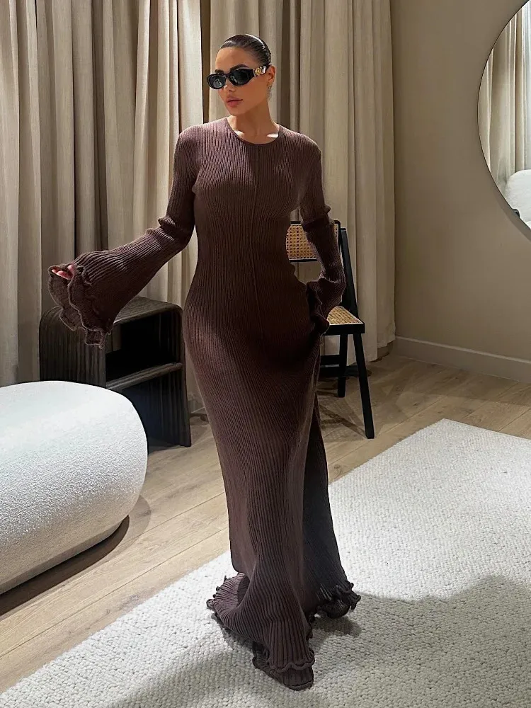 White Knit maxi sweater dress Women with Elegant Solid Ruffles and Long Trumpet Sleeves for Women - Loose Fit and O Neck (Style 241104)