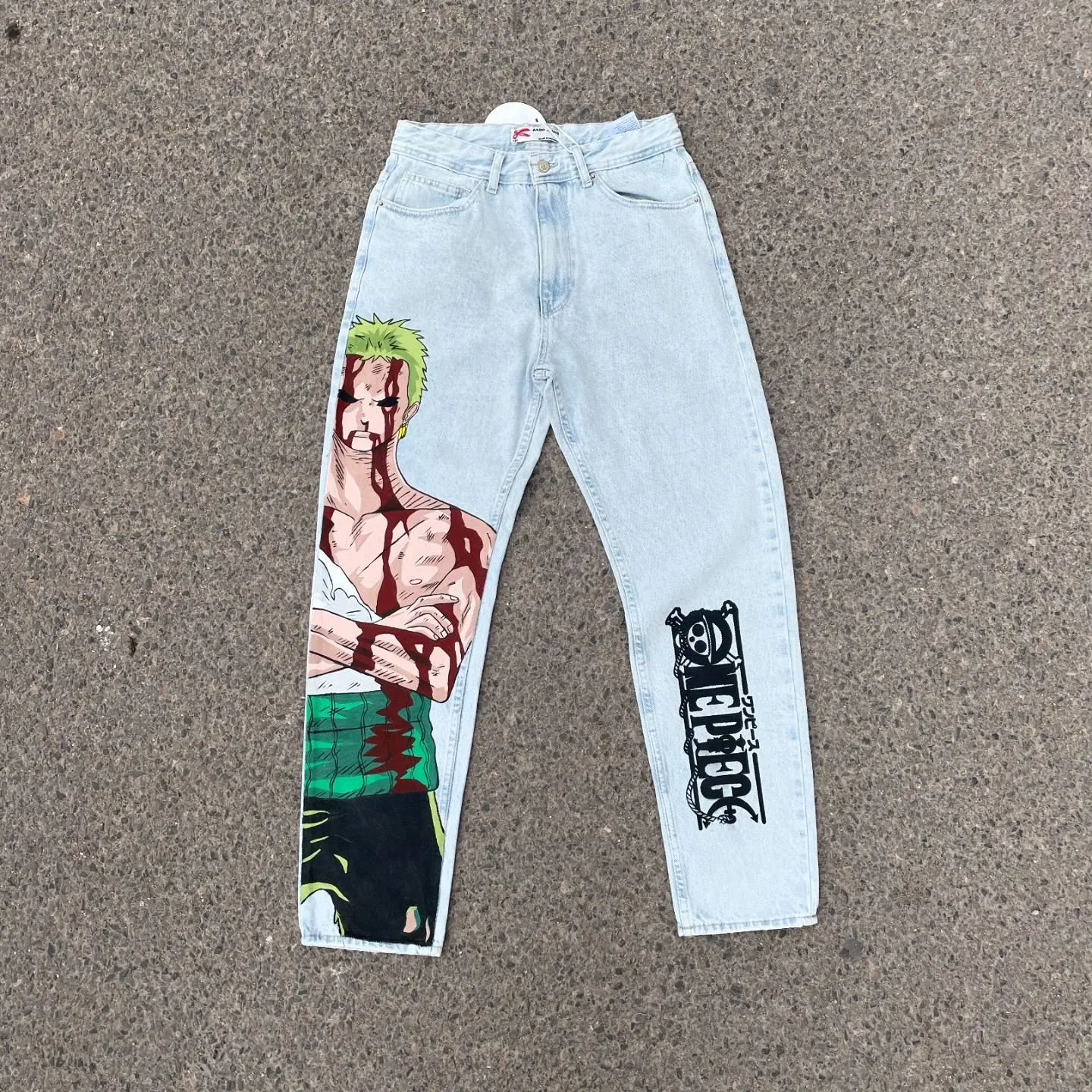Anime Zoro Print Wide Leg Denim Jeans High Waist Button Fly Casual