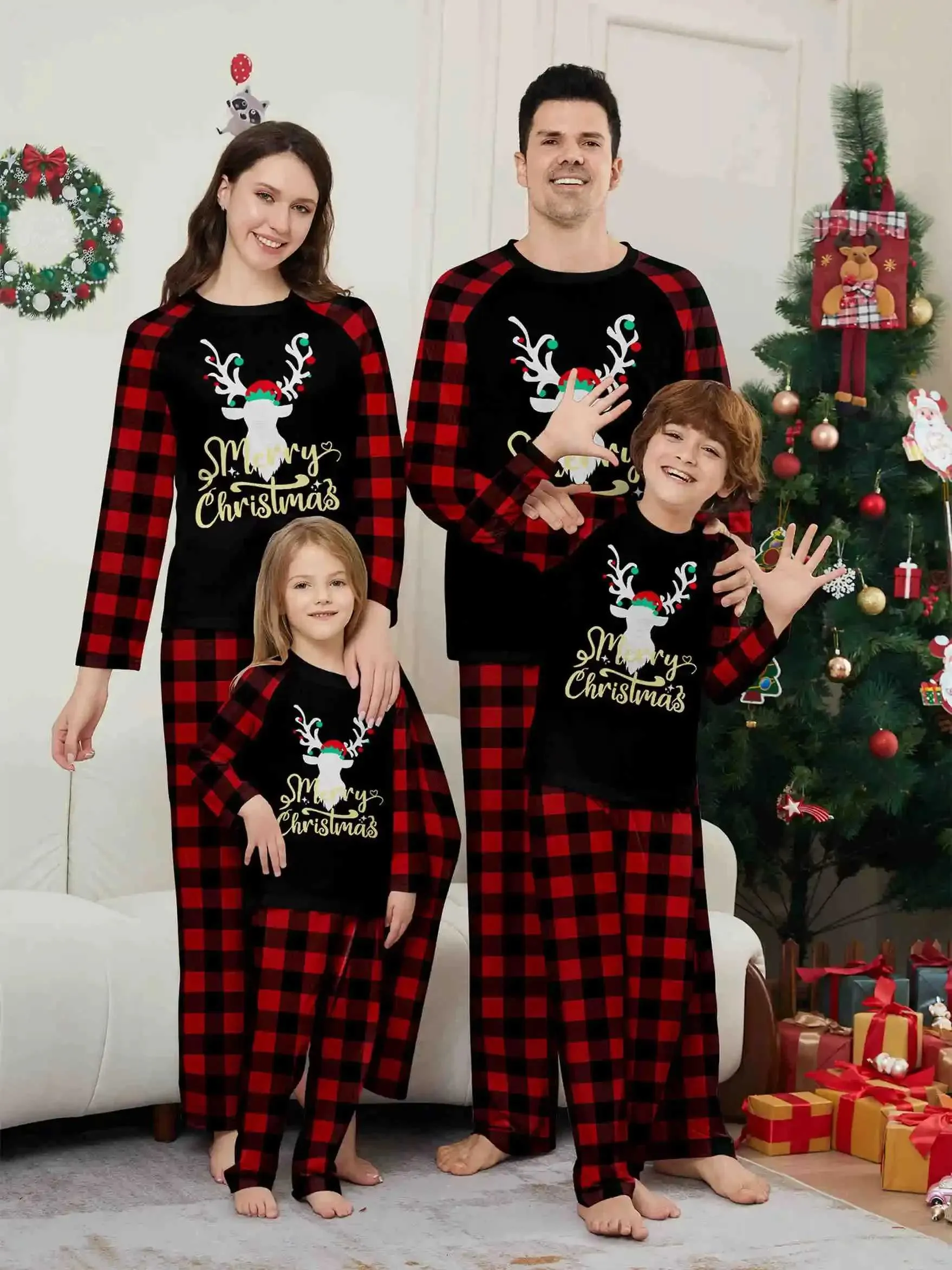 Family Matching Clothing Holiday Pajama Sets: Deer Plaid Print