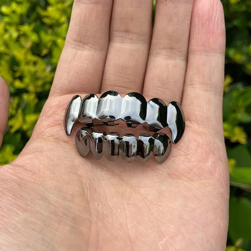 Black Rose Gold Fangs Tooth Grillz - 14K Gold Plated Halloween Teeth Jewelry
