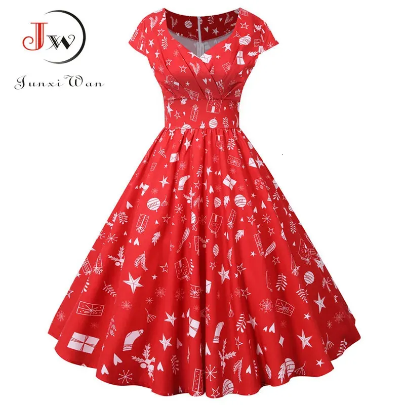 Vintage White Print Christmas Christmas party dress for Women - Elegant Short Sleeve V-Neck Sundress for Winter Parties (241022)