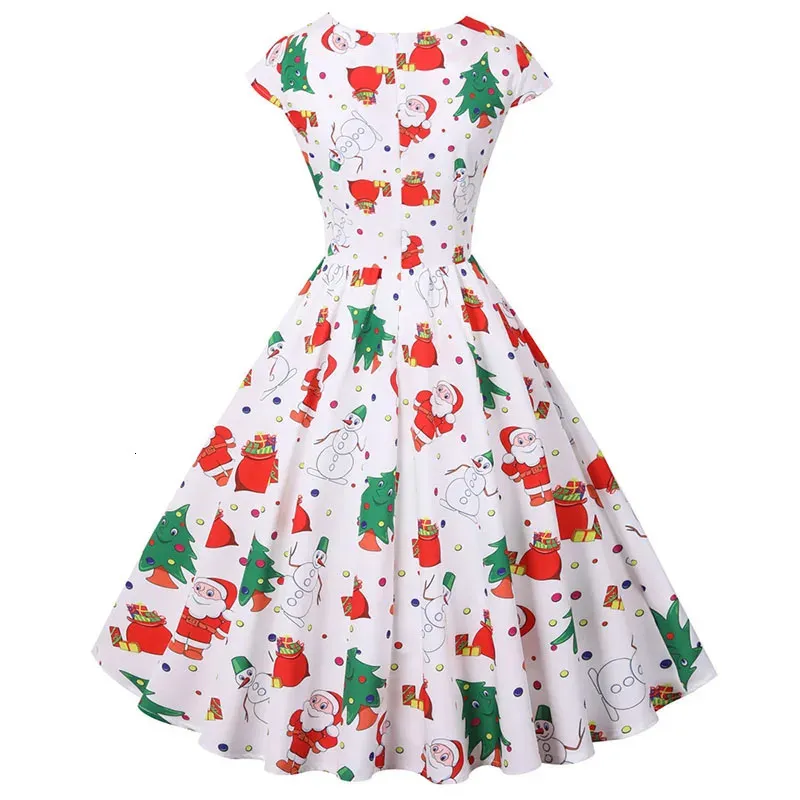 Vintage White Print Christmas Christmas party dress for Women - Elegant Short Sleeve V-Neck Sundress for Winter Parties (241022)