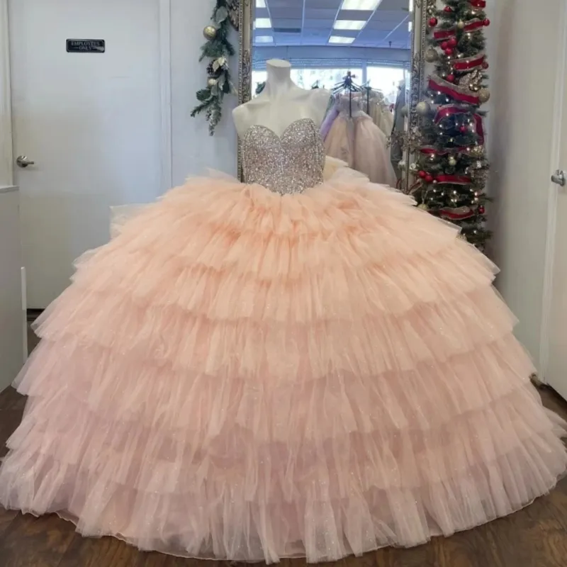 Vintage Pink Strapless Chiffon Sweet 16 Quinceanera A-Line Ruffles Evening Dress Ball Gown DP6298
