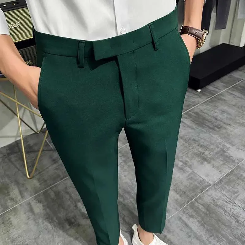 Men's Dark Green Summer Dress Formal Pants for Men - Slim Fit Business Suit with Cropped Trousers for Office and Home (2024 Collection)