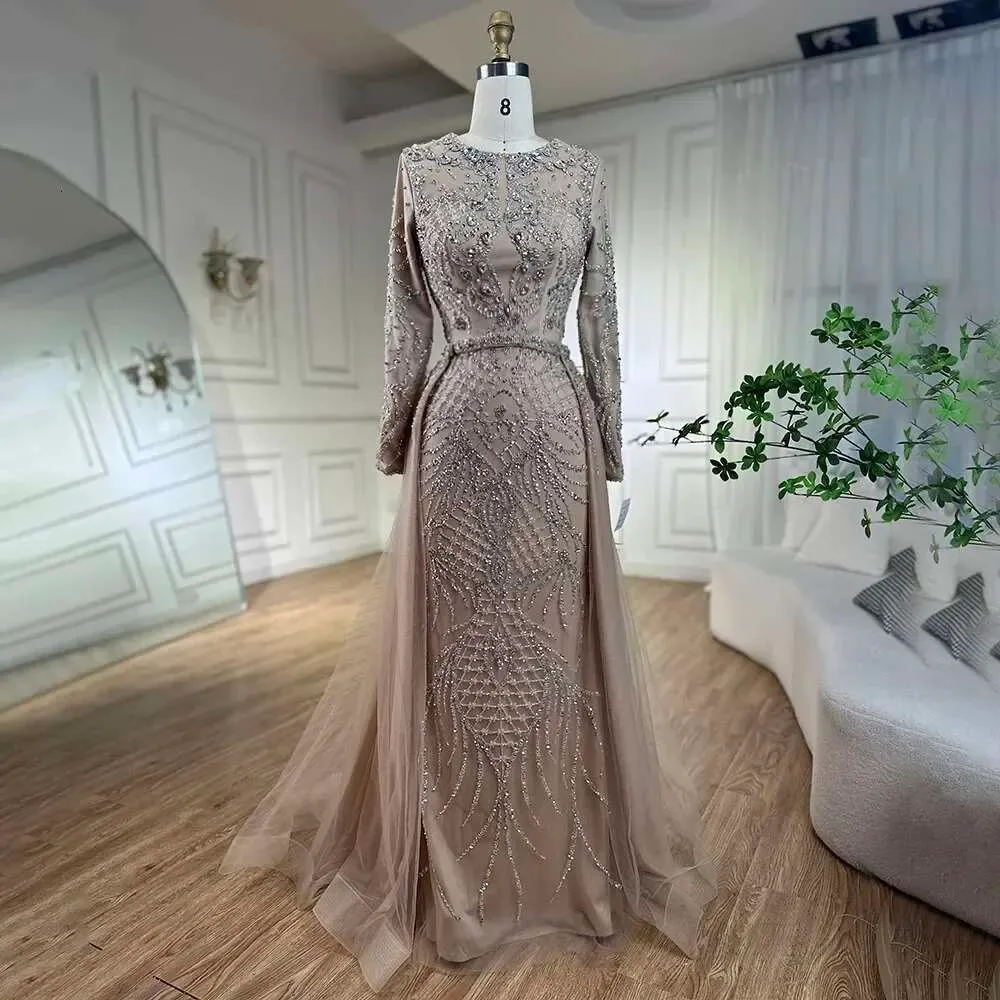 Arabic Nude Square Collar Mermaid Evening Gown Beaded Overskirt Luxury Dresses for Woman's Wedding Party LA72320A