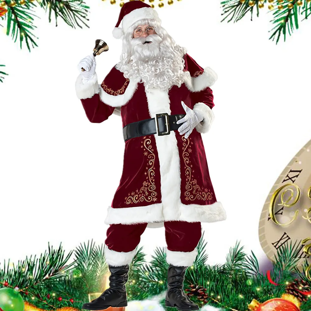 Velcoxplay 12-delig Kerstman Kostuum voor Volwassen Heren Deluxe Rood Sinterklaas Kostuum Set Santa Claus Cosplay Kerstman Outfit XL