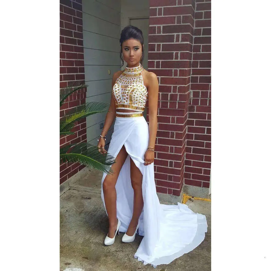 Stunning 2018 Gold Crystal Two-Piece 2 piece Prom dresses with High Neck, Chiffon, and High Split - Perfect for Prom Parties and Pageants