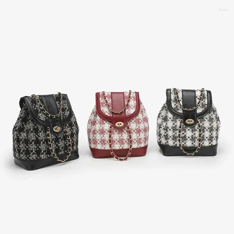 Tweed Plaid Chain Shoulder Backpack Women's Casual Travel Mini Backpack  for Autumn Winter