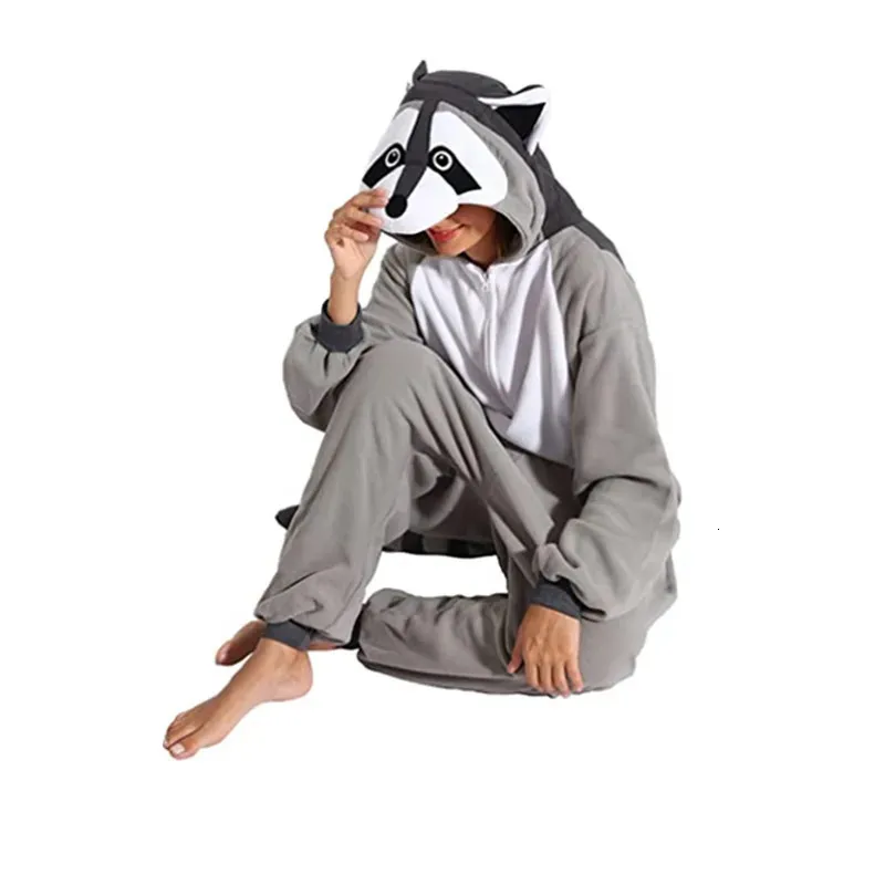 Animal Onesie Adult Grey Raccoon Style Sleepwear, Animal Print