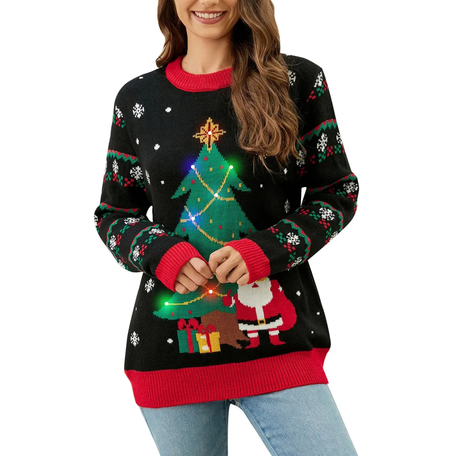 Women's Round Neck Christmas Tree Jacquard Printed Knitted Sweater ...