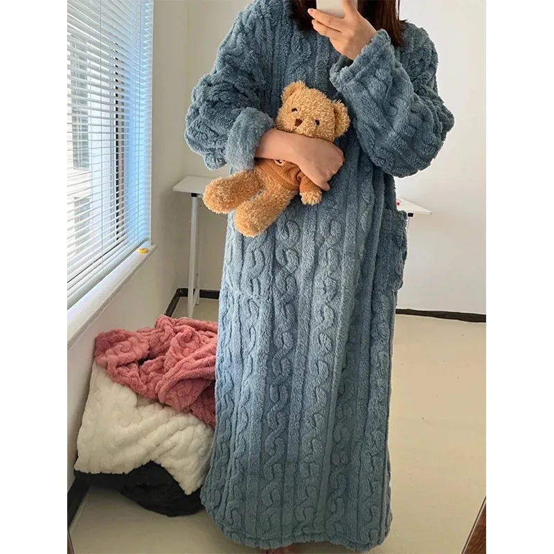 navy blue dress for baby girl Municipal Lace Nightgown Fleece Sleepwear Womens Winter Night Dress Warm One Piece Pajamas Long Sleeve Solid Bow Ruffle Home Wear main image 0