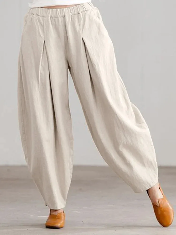 Pantalon Lin Et Coton Femme Couleur Unie DéContracté éLastique Pantalon avec Poche Zippé Chic Casual Léger Et Respirant Pantalon Sport Jogging Taille Haute ÉTé Pantalon