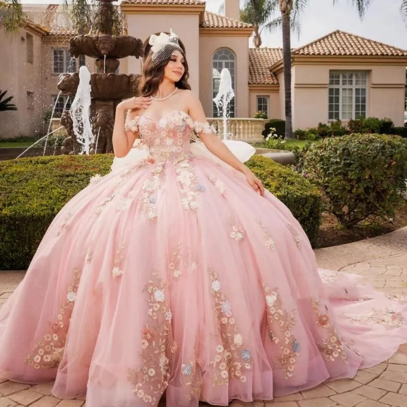 Pink Quinceanera Dress Sweet 16 Beaded Off-Shoulder 3D Floral Ball Gown Quinceanera Dresses