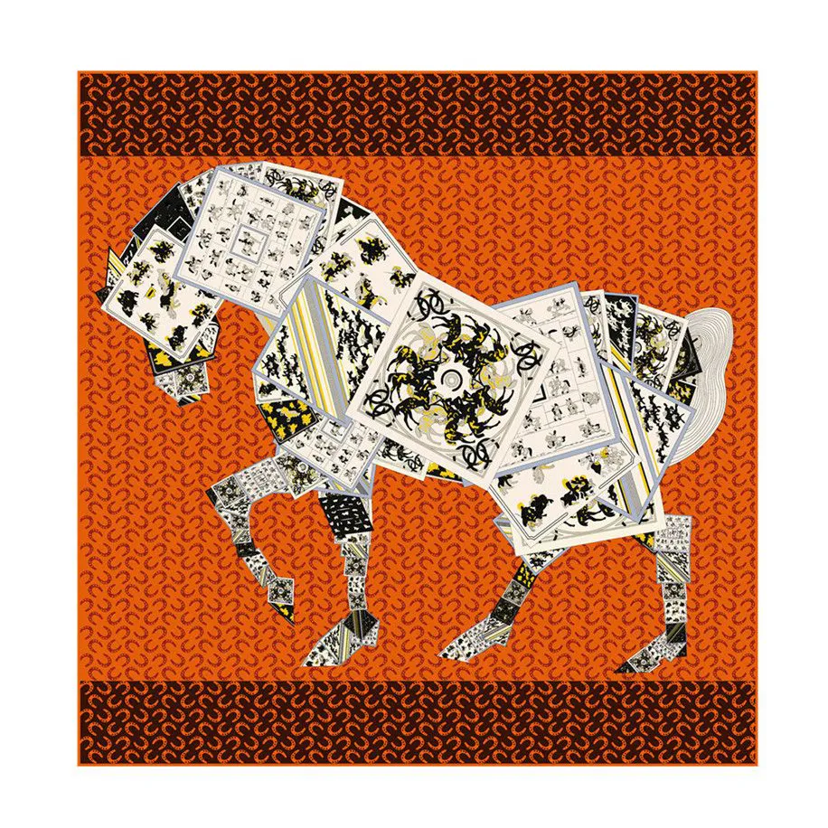 90x90 Cm Sciarpa Di Seta Femminile, Poker Patchwork Stampa Cavalli