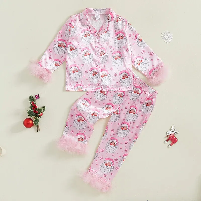Childrens Silk Pajamas Christmas Themed: Girls Satin Button Down