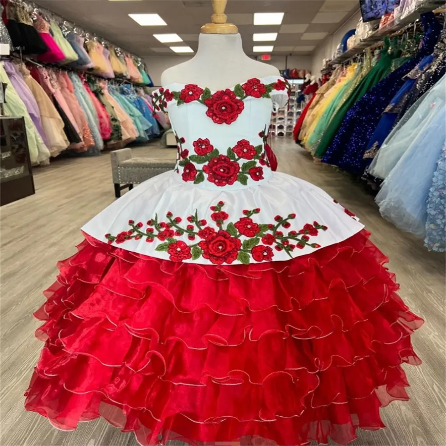 Red White Tiered Ruffled Flower Girl Dress Mexican Mariachi