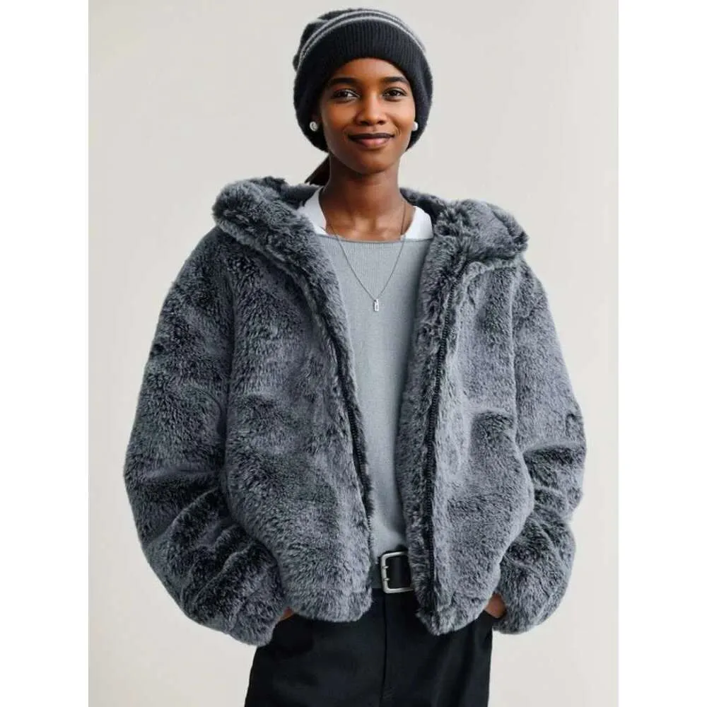 Pelo Sintético Abrigo Forrado De Pelo Capucha Plumifero Forrado De