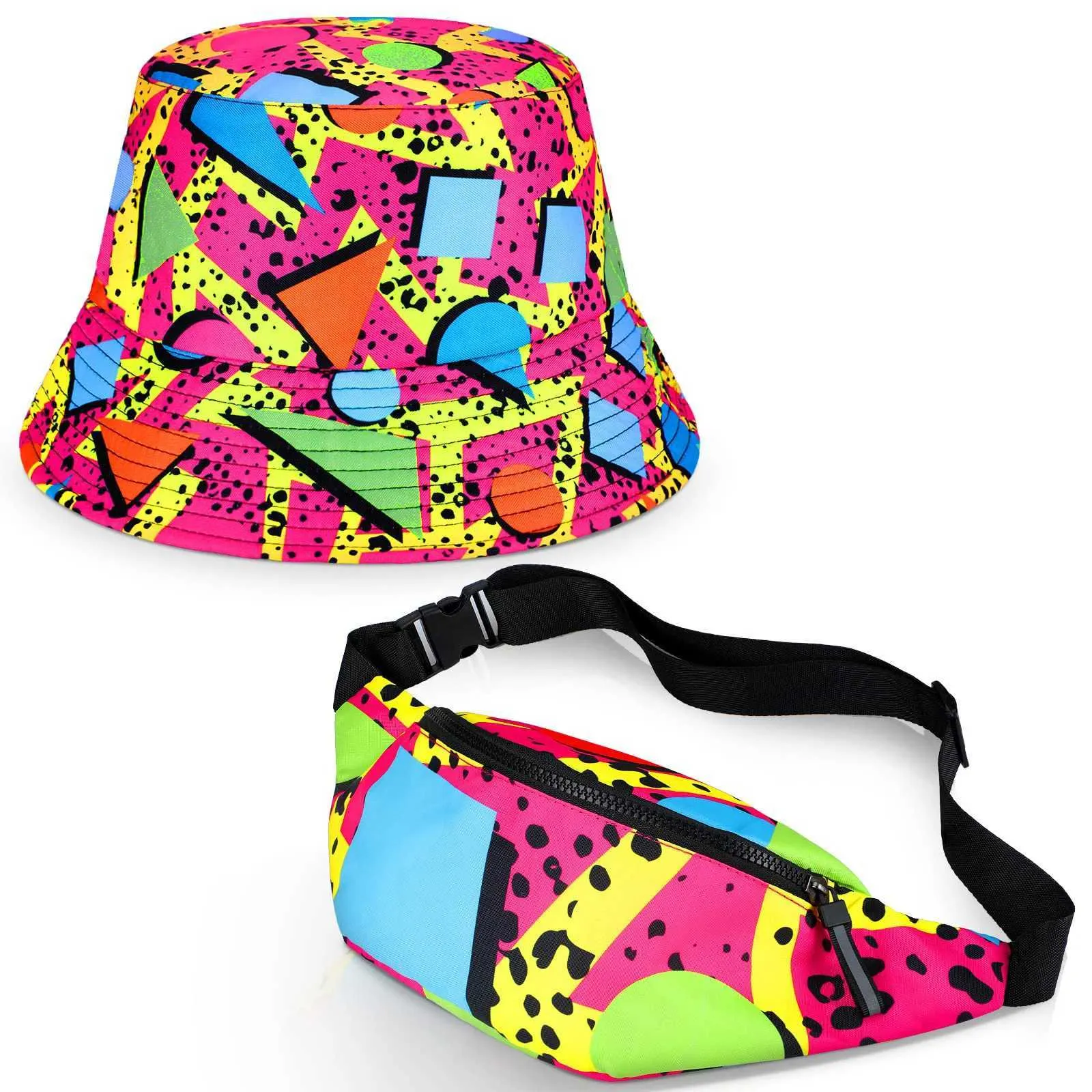 3413 12 Pack Retro 80\'s 90\'s Party Bucket Hats with Neon Sunglasses, Funny Men's Neon waist pack bag Set - of 80s main image 3