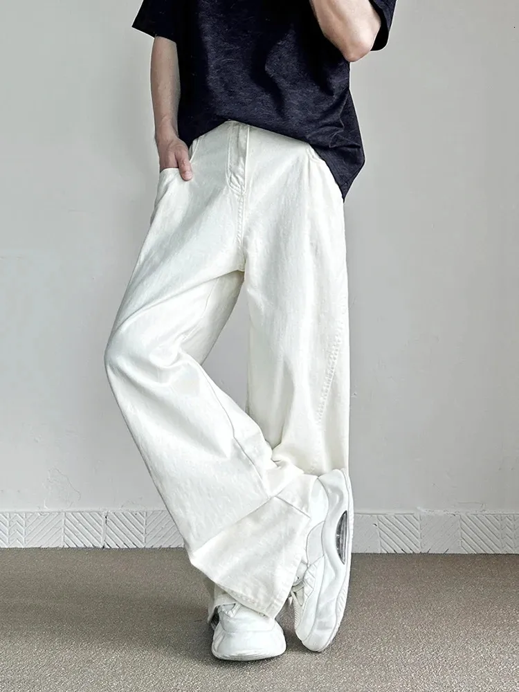 Mens Wide Leg Trousers Cotton Denim Jeans: Non Stretch White