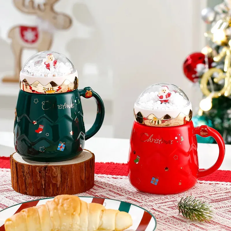Christmas Tree Shaped Ceramic Mug With Lid & Spoon - 500ml Large Capacity, Cute Holiday Cup
