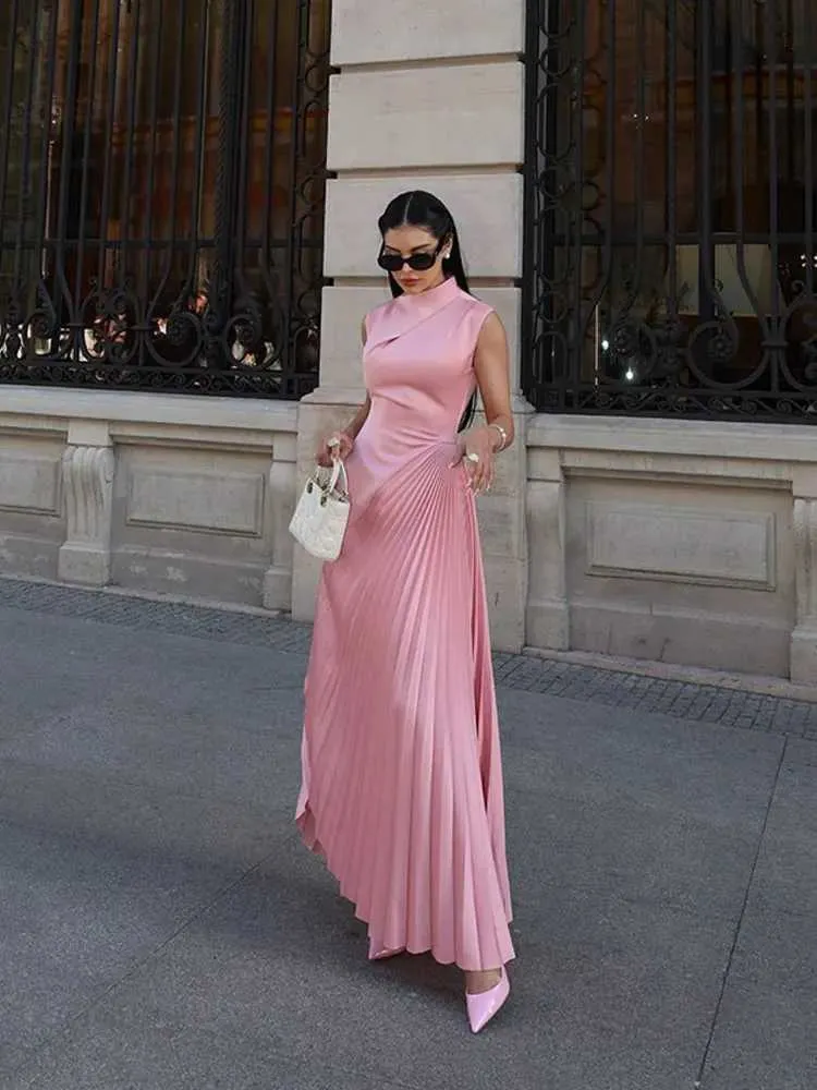 Pink Irregular Pleated Split Wrap Waist Maxi Dress Women Half High Collar Sveless Slim Vestidos Fe Evening GownX241025 Pink Irregular Pleated Split Wrap Waist Maxi Dress Women Half High Collar Sveless Slim Vestidos Fe Evening GownX241025