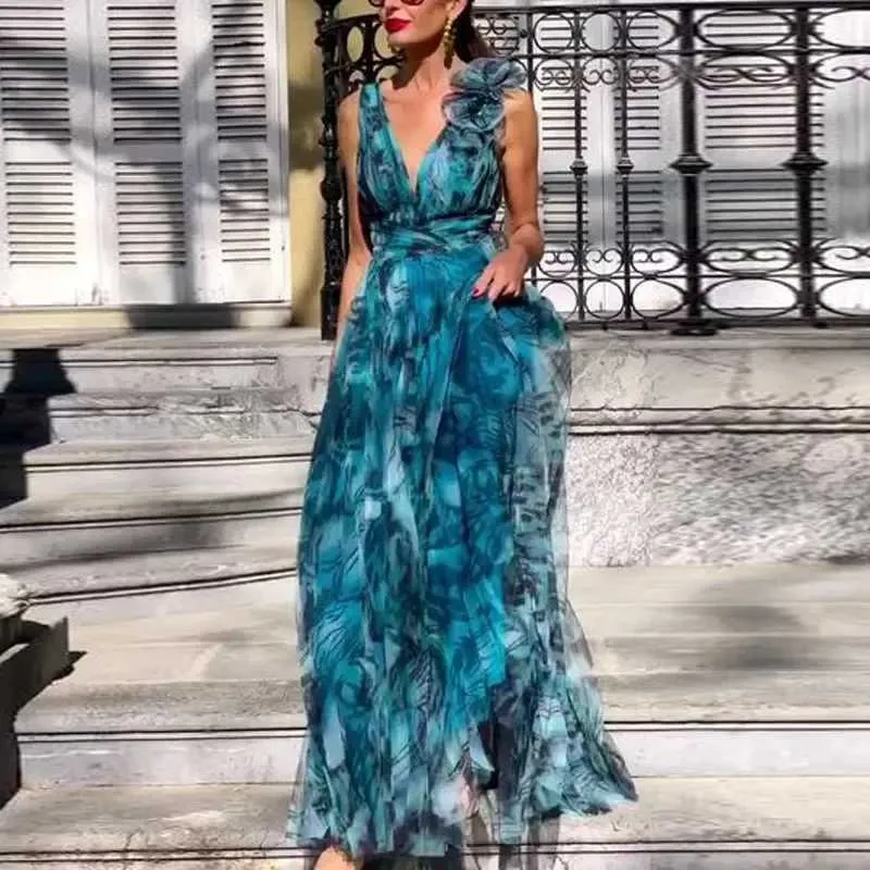 Peacock Blue Flower Print Floral Maxi Dress - Elegant Formal Wear