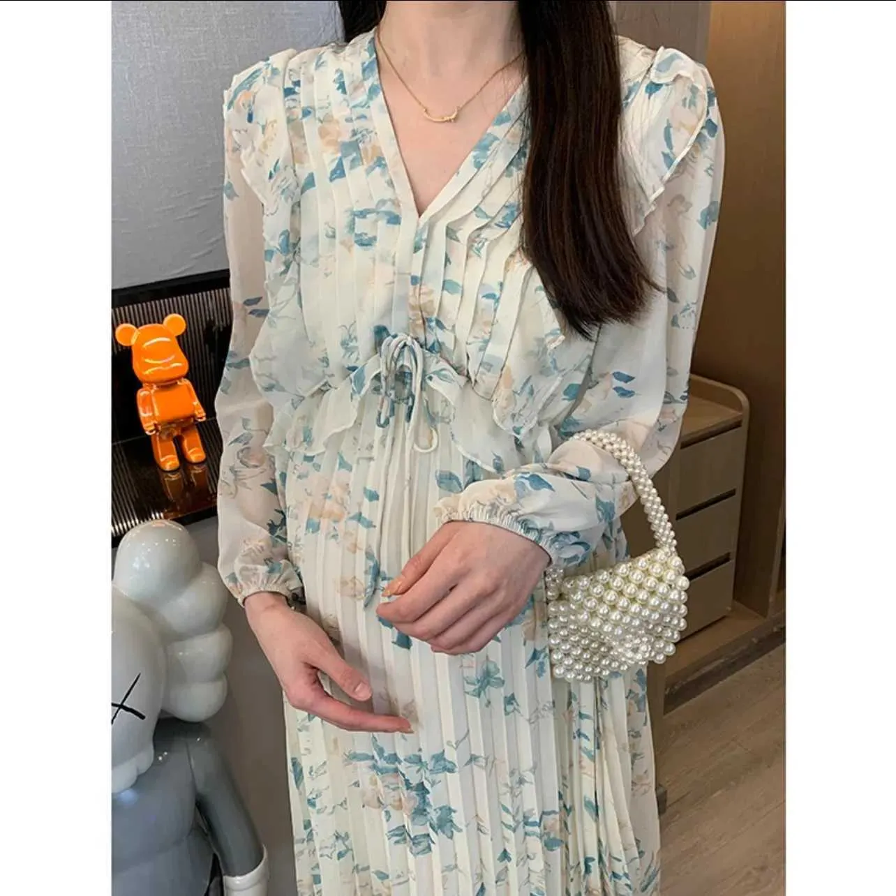 knee length dresses for ladies Long Sleeve Floral Maternity Maxi Dress SVP121 / Medium