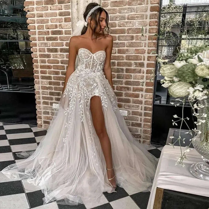 Sexy Beach 2021 Boho A E Wedding Dresses Marriage Bridal Gowns For Bride Elegant Lace Beads Strapless Illusion Sheer Sleeveless High Side Split Princess Plus Yo