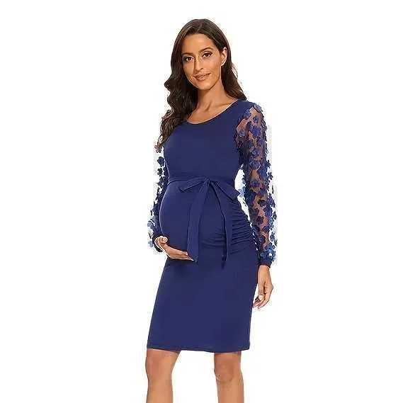 long sleeve bodycon birthday dress Momyknows Navy Blue Floral Bodycon Mermaid Cocktail Party Maternity Maxi Dress Navy Blue / M