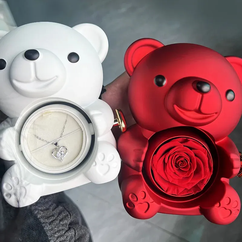 Eternal Rose Teddy Bear Gift Box With Necklace Rotating Rose