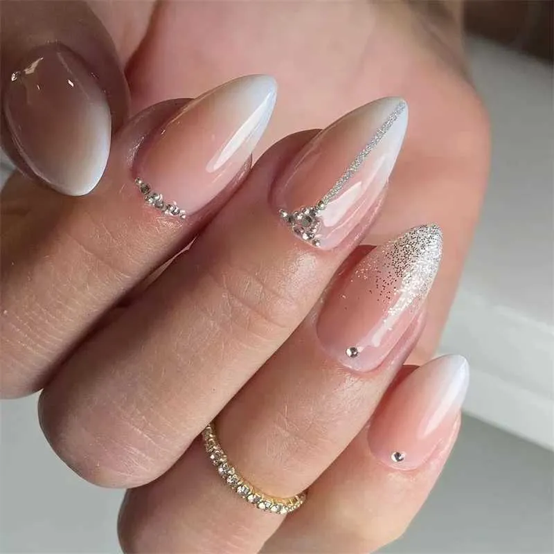 Falsche Nägel Mit Blumen-Druck – Rosa, Glänzend, French Look – 24 Stück + Kleber – Volle Abdeckung Acrylnägel