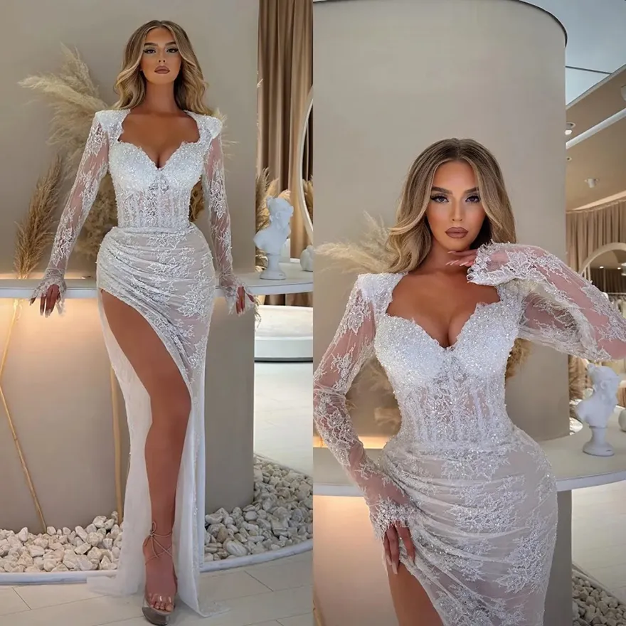 Vestidos boho marfil de encaje con mangas largas y forro nude Champán