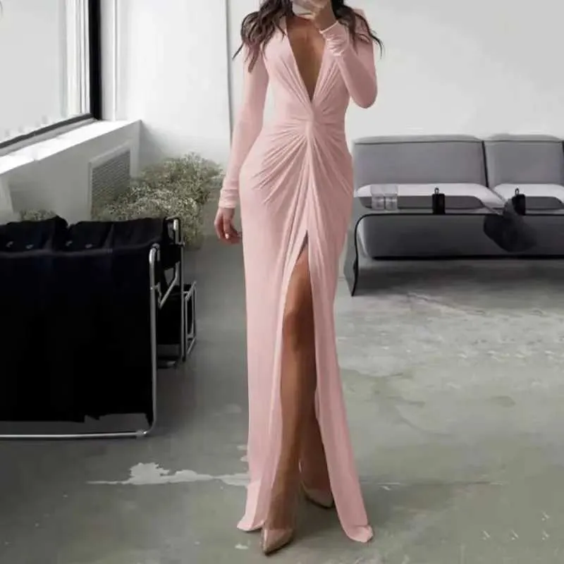 green emerald velvet dress Pink Long-Sleeved Dress with Sharp Shoulder Cut L / 8 / Pink main image 0