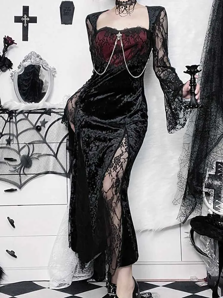 Gothic Style Lace Dress with Split and Lace Overlay