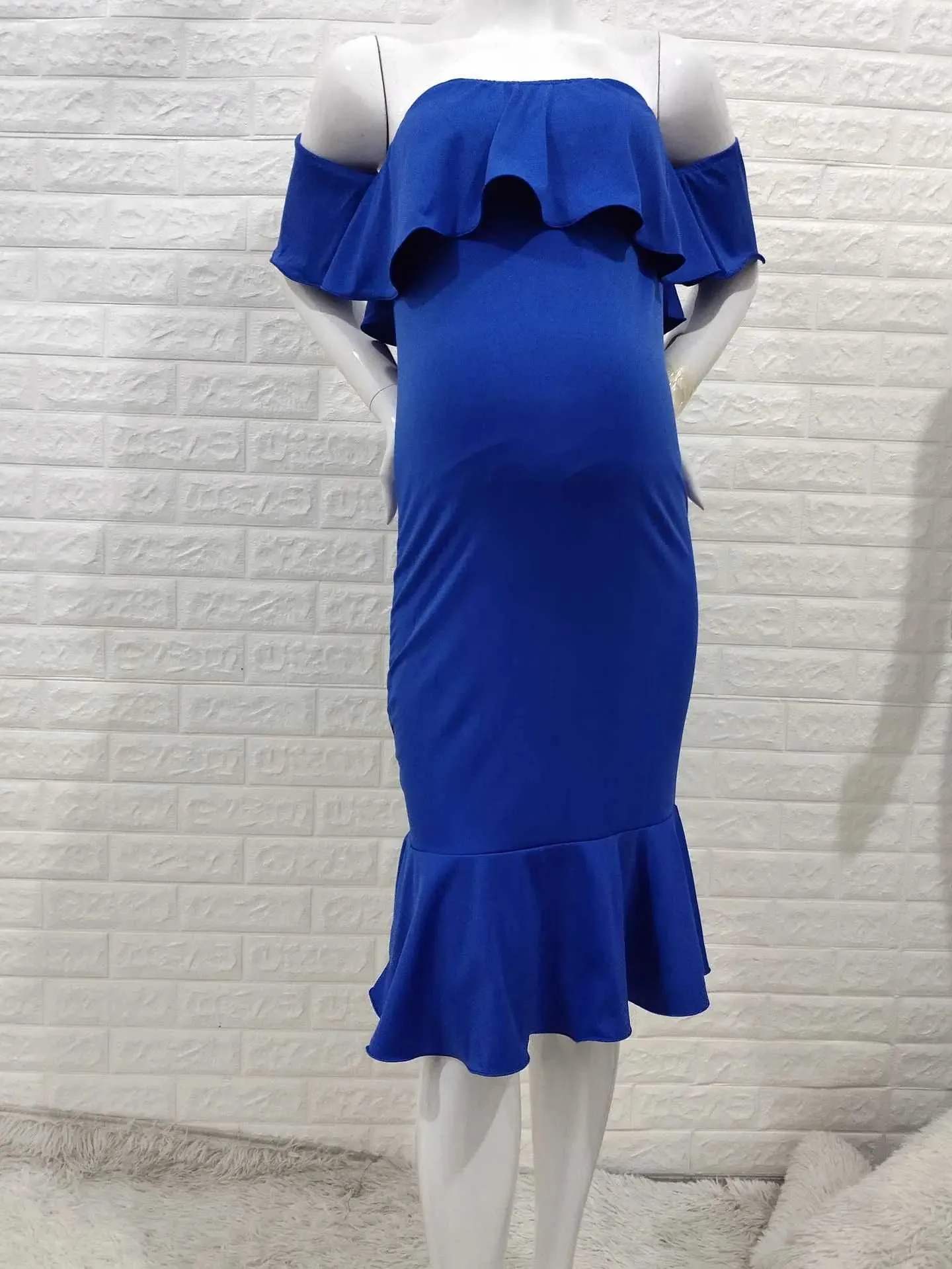 blue strapless maternity dress Momyknows Blue Bandeau Strapless Ruffle Falbala Draped Big Swing Elegant Maternity Baby Shower Maxi Dress Blue / S main image 0
