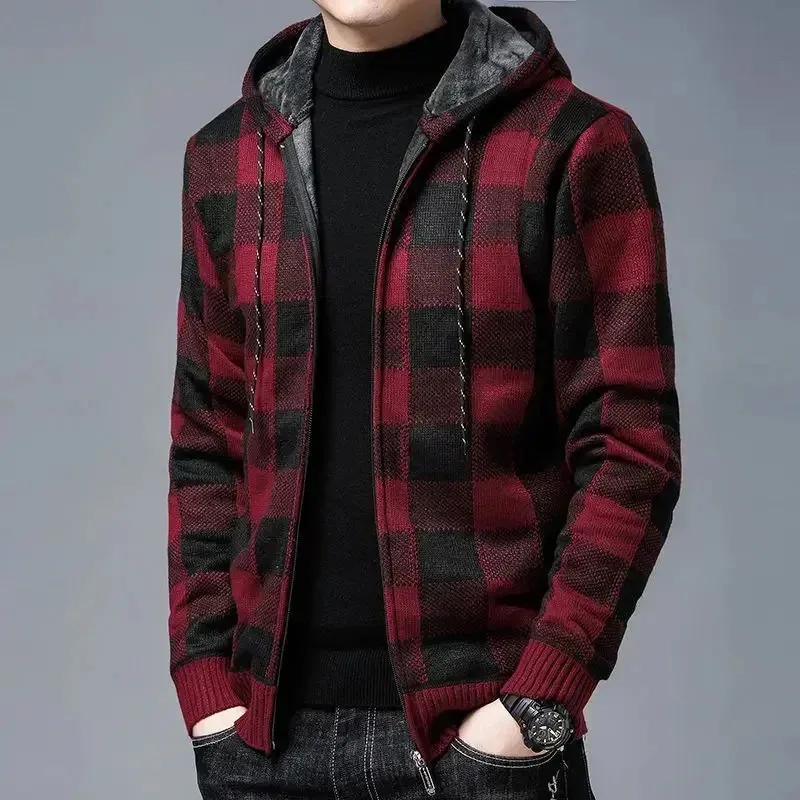 Knitted Hoodie Mens Zip Up Cardigan: Mens Plaid Knit Sweaters With