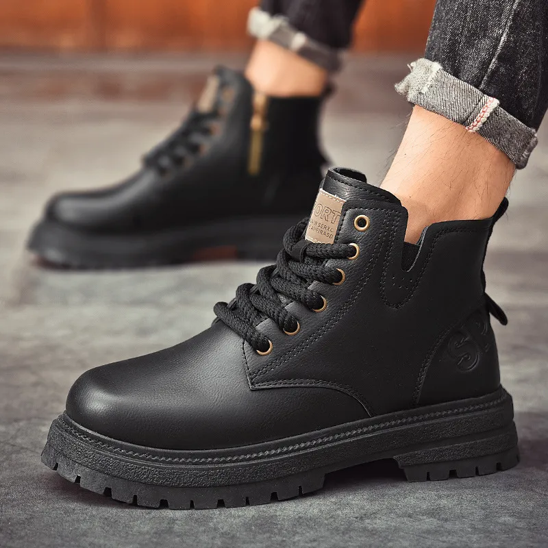 Mens Martin Ankle Boots, Thick Sole Lace Up PU... From  display picture 1