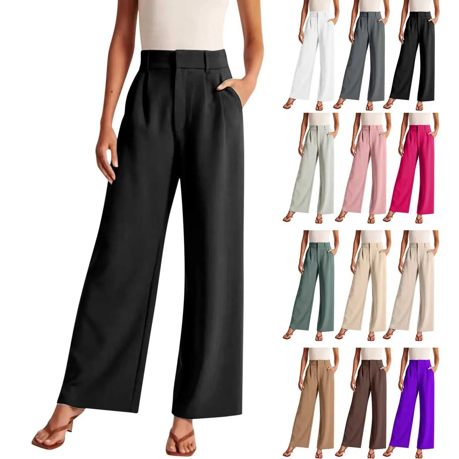 Pantalon 7/8 Taille Haute Large Pantalon Femme Lin Taille Haute Elastique MISSMAO - Coupe Large - Noir Noir - Prêt-à Pantacourt Lin Femme été