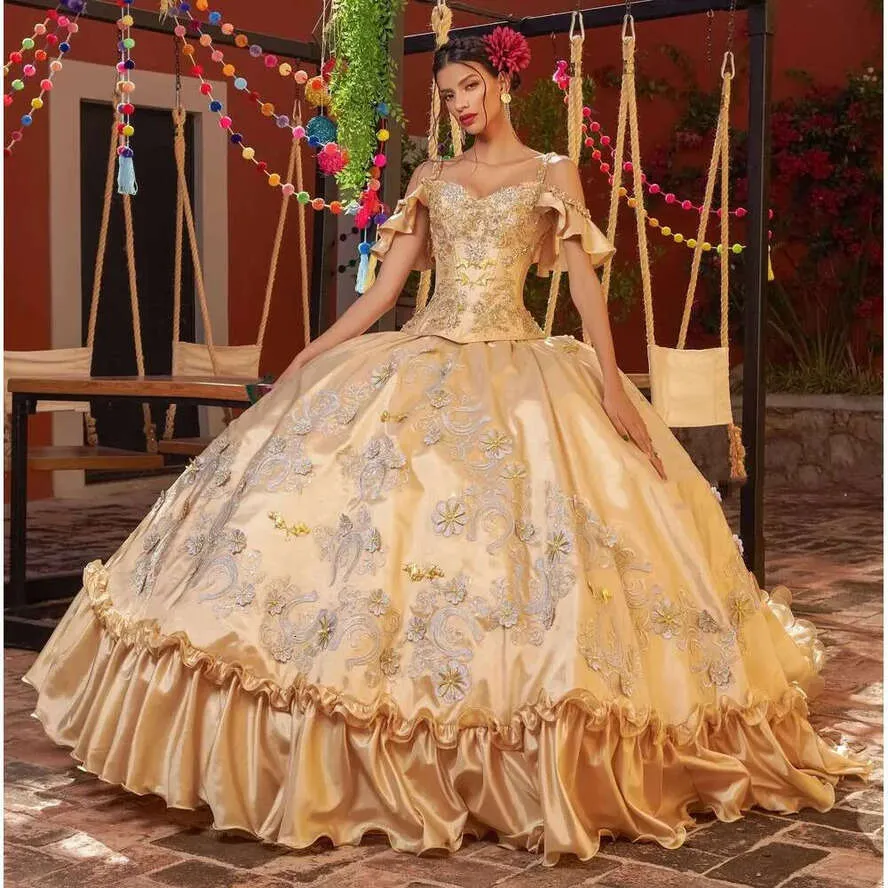 Gold Puffy Ball Gown Quinceañera Dress