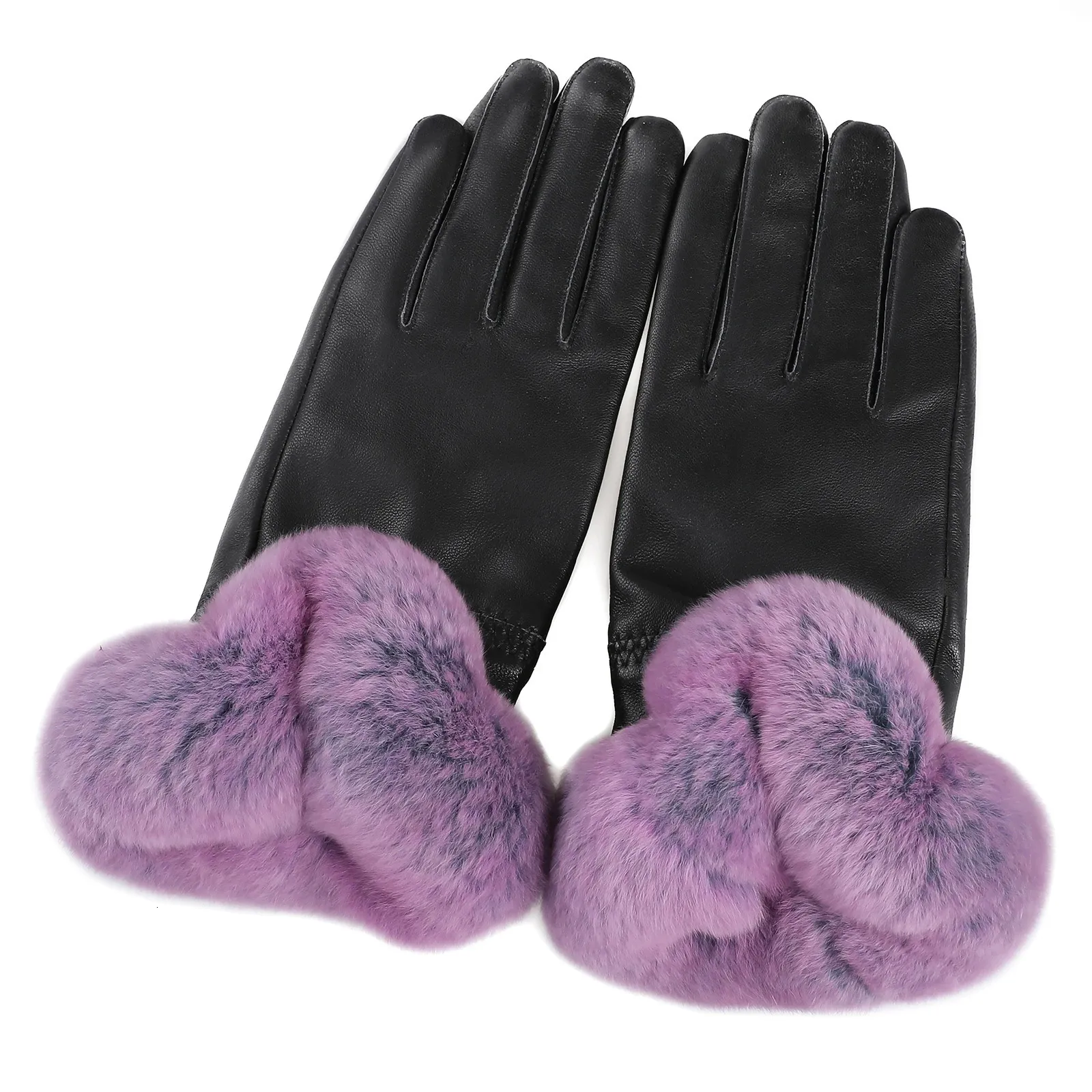 Fur Lined Leather Gloves Womens Winter Gloves With Rex Rabbit Fur