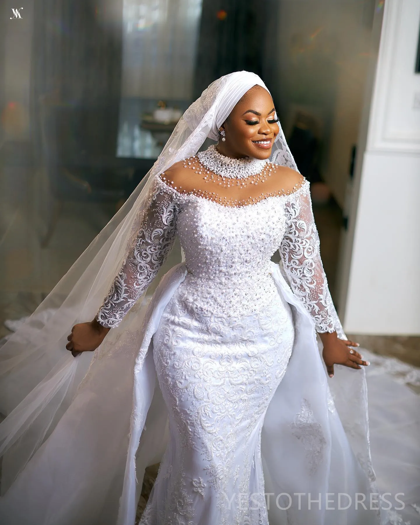 Plus Size Arabic nigerian wedding dress with Detachable Train, Mermaid Silhouette, Pearls, Beaded Lace, High Neck and Long Sleeves - Perfect for