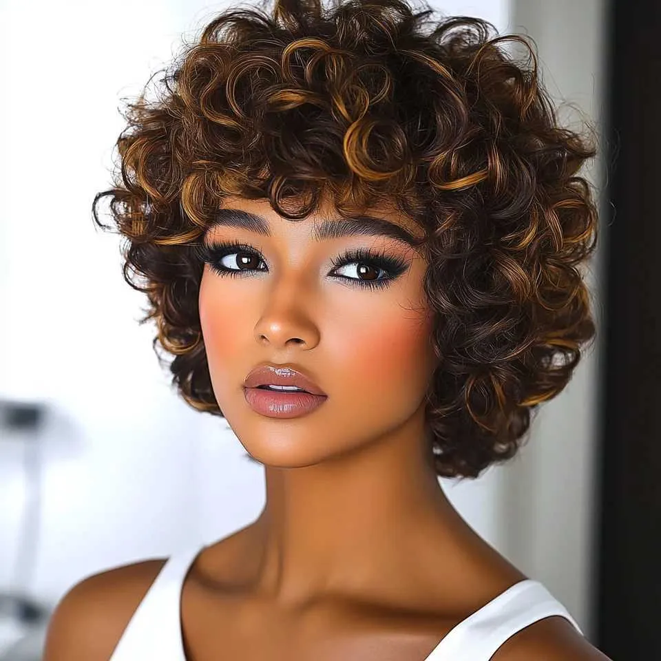 Chiffon short hair wig 10 inch Brazilian curly human hair  display picture 3
